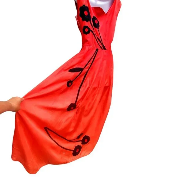Vintage 30s Style Red Orange Acetate Maxi Size S Black Appliqué Gown Prom Dress - Picture 8 of 14